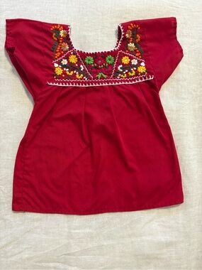 Vintage Miguel Clothing Girls Red Mexican Embroidered Floral Cotton Tunic Top